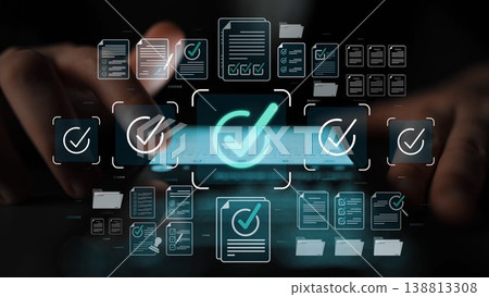 Hands interact with digital interface displaying checkmarks over documents, highlighting the importance of approval processes in modern organizational technology. Sigmoid 138813308
