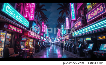 Cyberpunk Arcade District With Glowing Storefronts And Tropical Palm Silhouettes 138813404