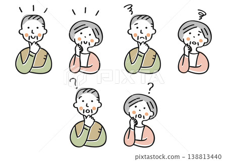 A set of reactions from elderly men and women: variations including smiles, dissatisfaction, and confusion. A set of reactions from elderly men and women: variations including smiles, dissatisfaction, and confusion. 138813440