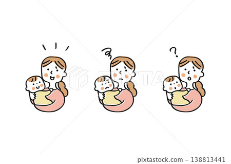 Mother and baby reaction set: Variations include smiles, dissatisfaction, and question marks. Mother and baby reaction set: Variations include smiles, dissatisfaction, and question marks. 138813441