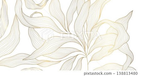 Luxury gold leaf pattern with elegant line floral elements background. Botanical vector illustration, Japanese ornament, Art Deco and Nouveau motif, spa branding, tea packaging, wedding. 138813480