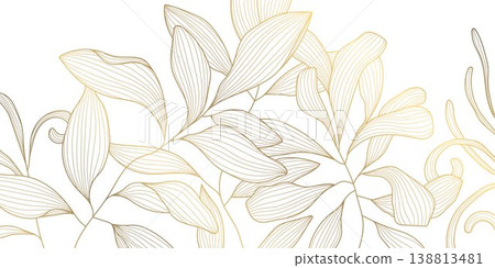 Luxury gold leaf pattern with elegant line floral elements background. Botanical vector illustration, Japanese ornament, Art Deco and Nouveau motif, spa branding, tea packaging, wedding. 138813481