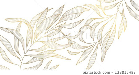 Luxury gold leaf pattern with elegant line floral elements background. Botanical vector illustration, Japanese ornament, Art Deco and Nouveau motif, spa branding, tea packaging, wedding. 138813482