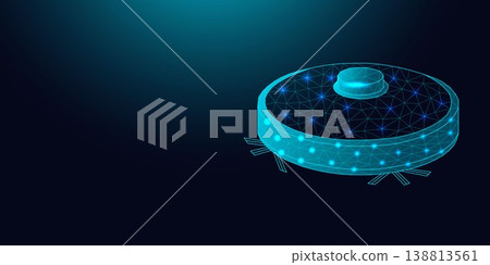 Low poly wireframe robot vacuum cleaner on dark blue background. 138813561