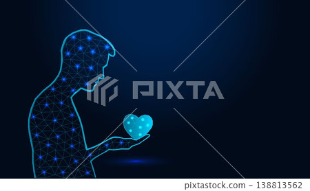 Low poly wireframe man holding a heart in his hand on dark blue background. Low poly wireframe man holding a heart in his hand on dark blue background. 138813562