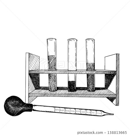 Laboratory test tubes on a stand and a pipette in an engraved style. Vector composition for designing scientific events, educational materials, and medical materials. 138813665
