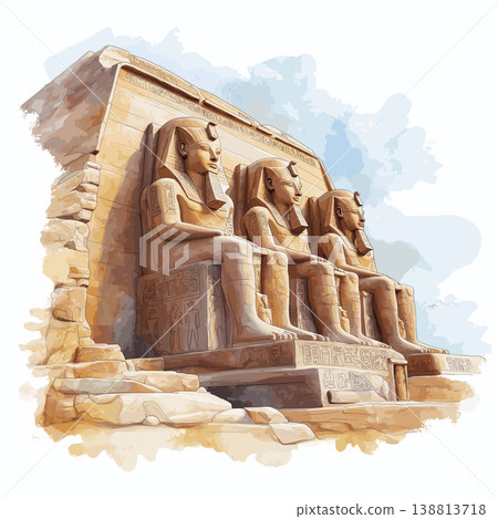 Abu Simbel. Abu Simbel hand drawn watercolor illustration on white background 138813718