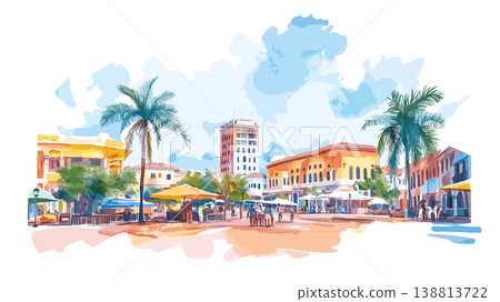 Accra. Accra hand drawn watercolor illustration on white background 138813722