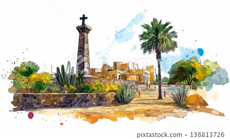 African Renaissance Monument. African Renaissance Monument hand drawn watercolor illustration on white background 138813726
