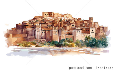 Ait Benhaddou. Ait Benhaddou hand drawn watercolor illustration on white background Ait Benhaddou. Ait Benhaddou hand drawn watercolor illustration on white background 138813737