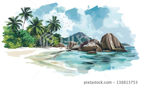 Anse Source dArgent. Anse Source dArgent hand drawn watercolor illustration on white background Anse Source dArgent. Anse Source dArgent hand drawn watercolor illustration on white background 138813753