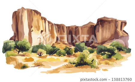 Bandiagara Escarpment. Bandiagara Escarpment hand drawn watercolor illustration on white background Bandiagara Escarpment. Bandiagara Escarpment hand drawn watercolor illustration on white background 138813760