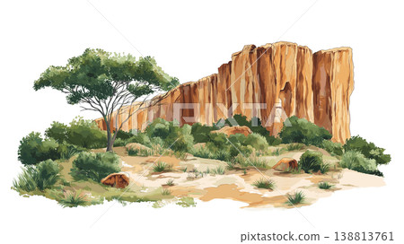 Bandiagara Escarpment. Bandiagara Escarpment hand drawn watercolor illustration on white background 138813761