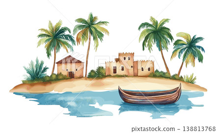 Bay of Dakar. Bay of Dakar hand drawn watercolor illustration on white background Bay of Dakar. Bay of Dakar hand drawn watercolor illustration on white background 138813768