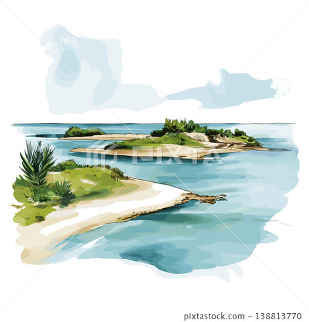 Bazaruto Archipelago. Bazaruto Archipelago hand drawn watercolor illustration on white background 138813770