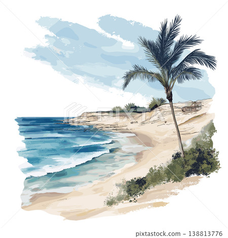 Berbera Beaches. Berbera Beaches hand drawn watercolor illustration on white background 138813776