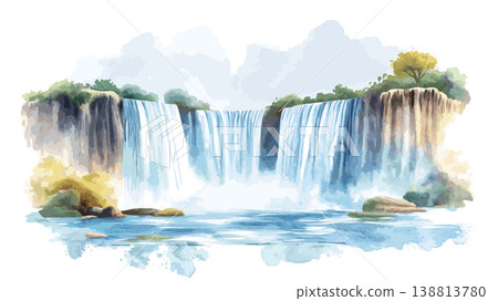 Blue Nile Falls. Blue Nile Falls hand drawn watercolor illustration on white background 138813780