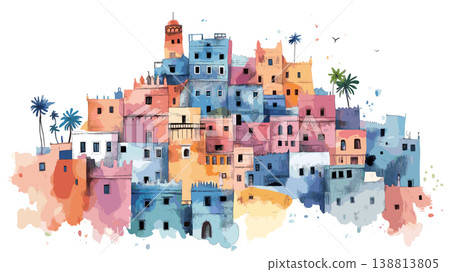 Casbah of Algiers. Casbah of Algiers hand drawn watercolor illustration on white background Casbah of Algiers. Casbah of Algiers hand drawn watercolor illustration on white background 138813805