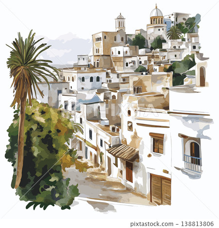 Casbah of Algiers. Casbah of Algiers hand drawn watercolor illustration on white background Casbah of Algiers. Casbah of Algiers hand drawn watercolor illustration on white background 138813806