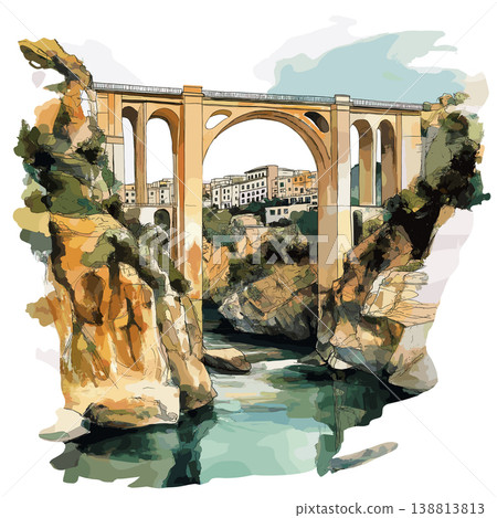 Constantine Bridge City. Constantine Bridge City hand drawn watercolor illustration on white background Constantine Bridge City. Constantine Bridge City hand drawn watercolor illustration on white background 138813813