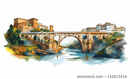 Constantine Bridge City. Constantine Bridge City hand drawn watercolor illustration on white background Constantine Bridge City. Constantine Bridge City hand drawn watercolor illustration on white background 138813816