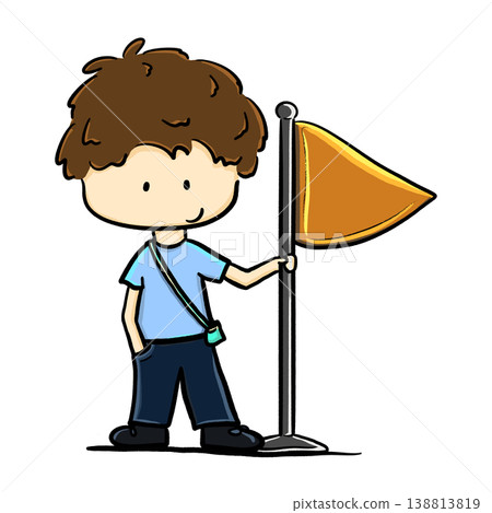 Tour guide boy with crossbody bag holding a flag cartoon illustration Tour guide boy with crossbody bag holding a flag cartoon illustration 138813819