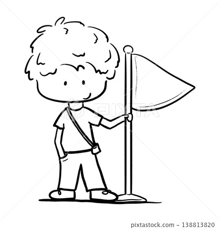 Tour guide boy with crossbody bag holding a flag cartoon outline illustration Tour guide boy with crossbody bag holding a flag cartoon outline illustration 138813820