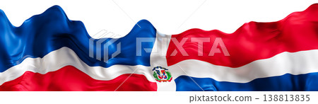 Stylized flag of Dominican Republic waving in wind, on transparent background. Footer, header, divider. Cut out wide panoramic element. Banner for patriotic themes or national event promotions. 3D. Stylized flag of Dominican Republic waving in wind, on transparent background. Footer, header, divider. Cut out wide panoramic element. Banner for patriotic themes or national event promotions. 3D. 138813835
