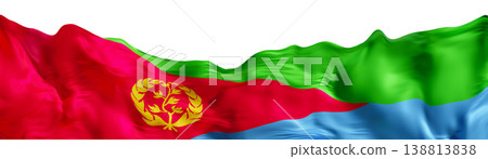 The footer of the Eritrea flag is shown with its colors and emblem. The 3D render reveals the flag's distinct design on a clear background, highlighting its national symbolism The footer of the Eritrea flag is shown with its colors and emblem. The 3D render reveals the flag's distinct design on a clear background, highlighting its national symbolism 138813838