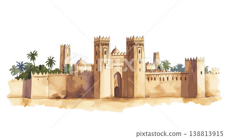Djenne Mosque. Djenne Mosque hand drawn watercolor illustration on white background Djenne Mosque. Djenne Mosque hand drawn watercolor illustration on white background 138813915