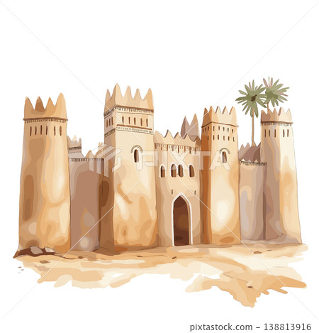 Djenne Mosque. Djenne Mosque hand drawn watercolor illustration on white background Djenne Mosque. Djenne Mosque hand drawn watercolor illustration on white background 138813916