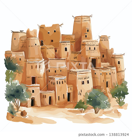 Dogon Country. Dogon Country hand drawn watercolor illustration on white background Dogon Country. Dogon Country hand drawn watercolor illustration on white background 138813924