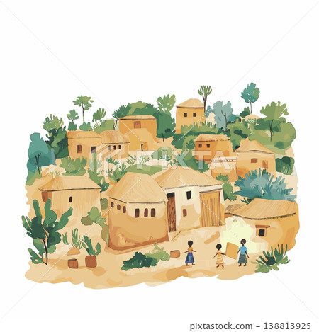 Dogon Country. Dogon Country hand drawn watercolor illustration on white background Dogon Country. Dogon Country hand drawn watercolor illustration on white background 138813925