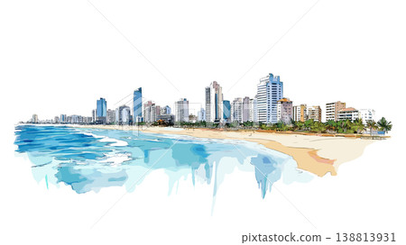 Durban Beaches. Durban Beaches hand drawn watercolor illustration on white background 138813931