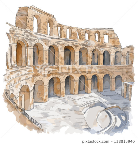 El Jem Amphitheatre. El Jem Amphitheatre hand drawn watercolor illustration on white background 138813940