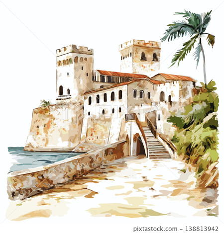 Elmina Castle. Elmina Castle hand drawn watercolor illustration on white background Elmina Castle. Elmina Castle hand drawn watercolor illustration on white background 138813942