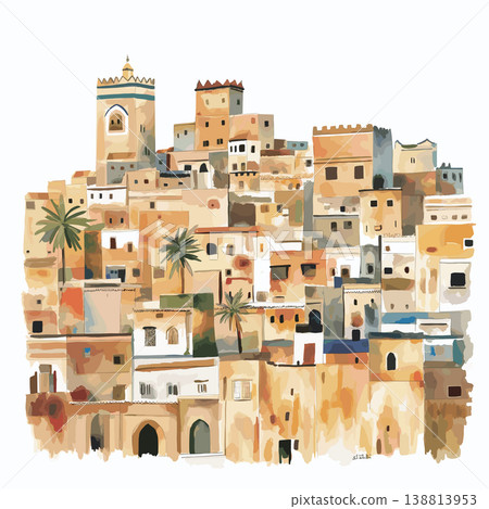 Fes el-Bali. Fes el-Bali hand drawn watercolor illustration on white background 138813953