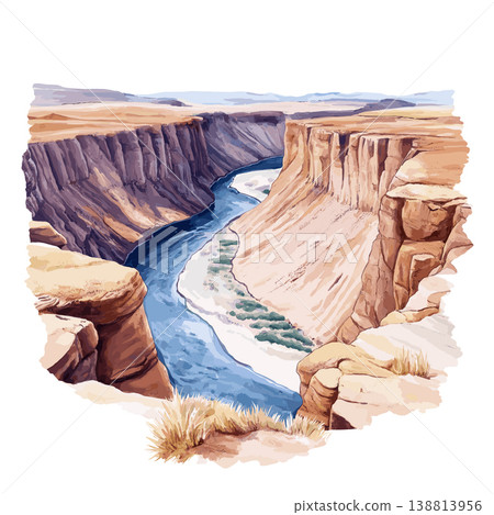 Fish River Canyon. Fish River Canyon hand drawn watercolor illustration on white background Fish River Canyon. Fish River Canyon hand drawn watercolor illustration on white background 138813956
