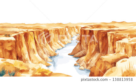 Fish River Canyon. Fish River Canyon hand drawn watercolor illustration on white background Fish River Canyon. Fish River Canyon hand drawn watercolor illustration on white background 138813958