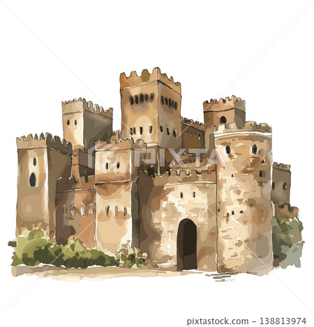 Gondar Castles. Gondar Castles hand drawn watercolor illustration on white background Gondar Castles. Gondar Castles hand drawn watercolor illustration on white background 138813974