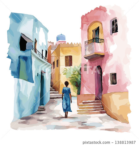 Harar Jugol. Harar Jugol hand drawn watercolor illustration on white background 138813987
