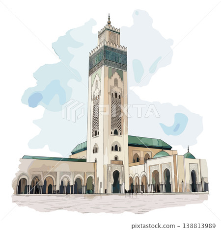 Hassan II Mosque. Hassan II Mosque hand drawn watercolor illustration on white background Hassan II Mosque. Hassan II Mosque hand drawn watercolor illustration on white background 138813989