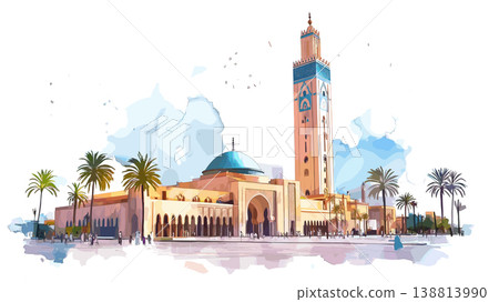 Hassan II Mosque. Hassan II Mosque hand drawn watercolor illustration on white background Hassan II Mosque. Hassan II Mosque hand drawn watercolor illustration on white background 138813990