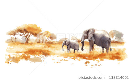 Hwange National Park. Hwange National Park hand drawn watercolor illustration on white background Hwange National Park. Hwange National Park hand drawn watercolor illustration on white background 138814001