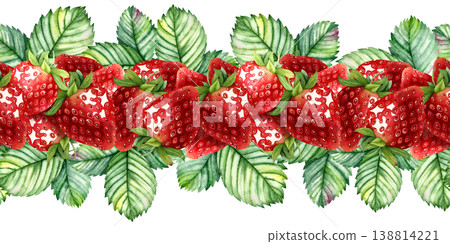 Watercolor seamless strawberry border with berries flowers and leaves, hand painted botanical fruit floral pattern isolated on white background, decorative ribbon clipart for packaging textile design Watercolor seamless strawberry border with berries flowers and leaves, hand painted botanical fruit floral pattern isolated on white background, decorative ribbon clipart for packaging textile design 138814221