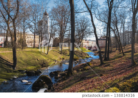 Spring stream winds through leaf-strewn banks. Oranienbaum. Spring stream winds through leaf-strewn banks. Oranienbaum. 138814316
