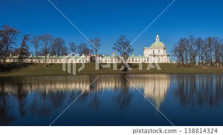 Clear blue sky above grand white palace in Oranienbaum Clear blue sky above grand white palace in Oranienbaum 138814324