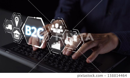 B2C Business Model with Consumer Delivery, Retail, and Growth Icons Muxer 138814464