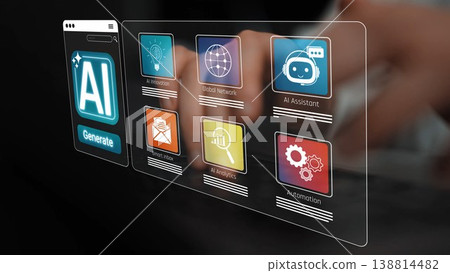 Modern user interface showcases various AI applications for automation, analytics, and communication. Ideal for showcasing technology and innovation in digital workflows. Sigmoid Modern user interface showcases various AI applications for automation, analytics, and communication. Ideal for showcasing technology and innovation in digital workflows. Sigmoid 138814482