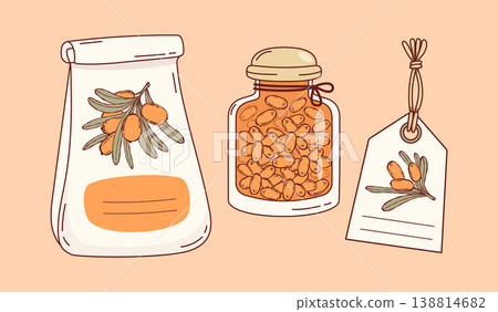 Homemade Sea Buckthorn Product Set. Paper Bag, Glass Small Jar Jam and Hanging Price Tag with Orange Berries. Organic Eco-Friendly Food. Isolated Vector Illustration. Vitamin Eco harvest Homemade Sea Buckthorn Product Set. Paper Bag, Glass Small Jar Jam and Hanging Price Tag with Orange Berries. Organic Eco-Friendly Food. Isolated Vector Illustration. Vitamin Eco harvest 138814682